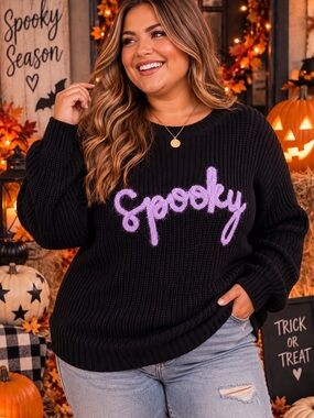 Boutique Pick! 🎀✨ Plus Size Black Crewneck Sweater with Lavender "Spooky" Script